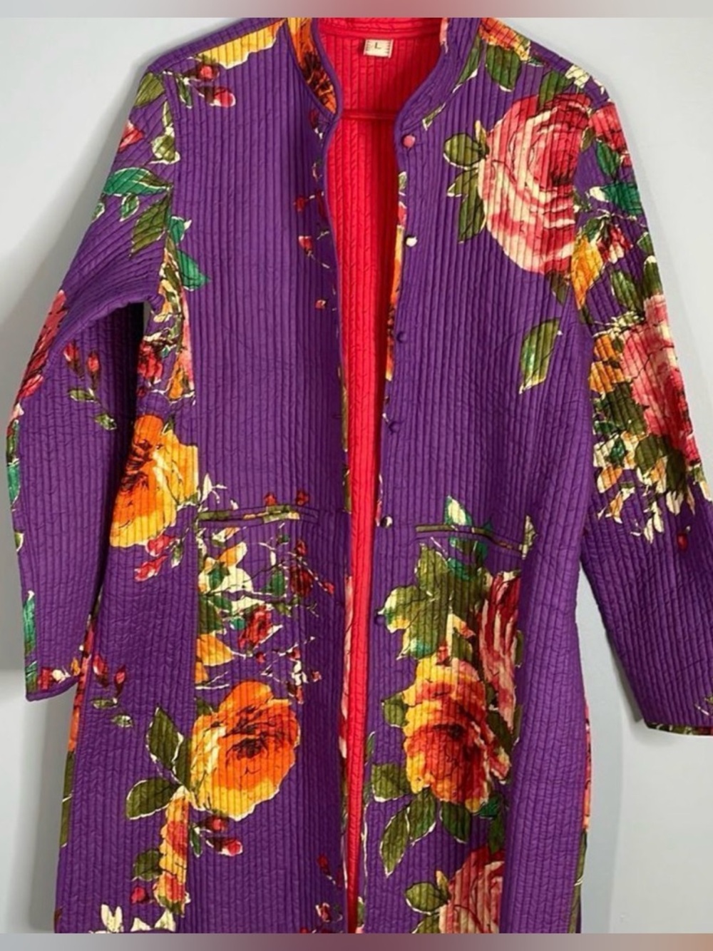 Kantha One of a kind Reversible? Floral Quilted Jacket sz L Gorgeous color